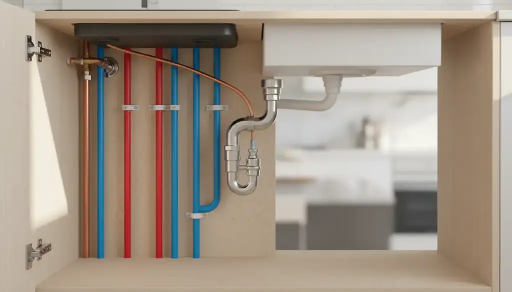 Supply lines and a chrome P-trap plumbed neatly under a kitchen sink cabinet