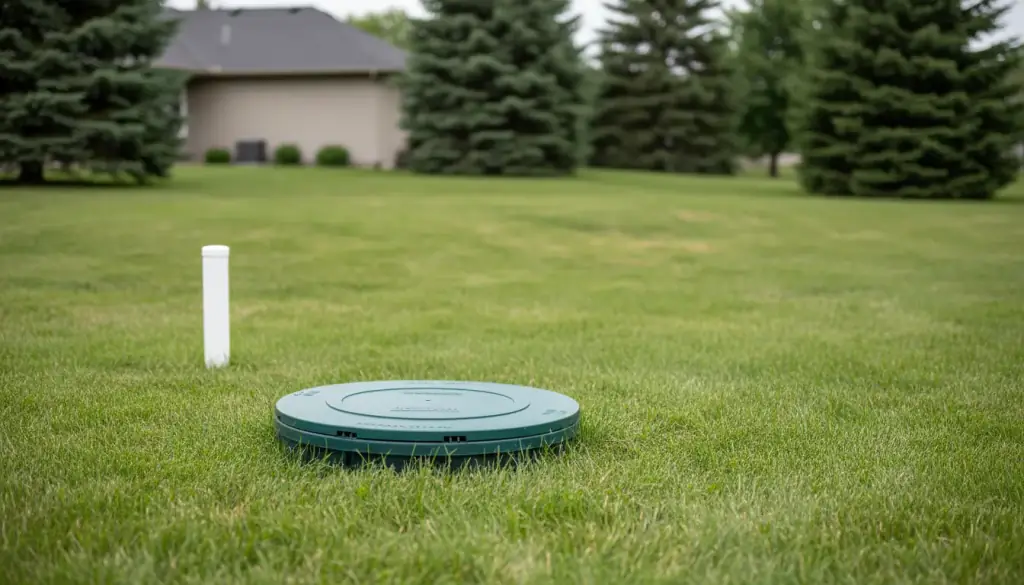 A green septic tank riser lid set flush in a mown back lawn